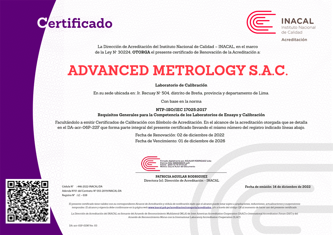 Advanced Metrólogy laboratorio acreditado por INACAL